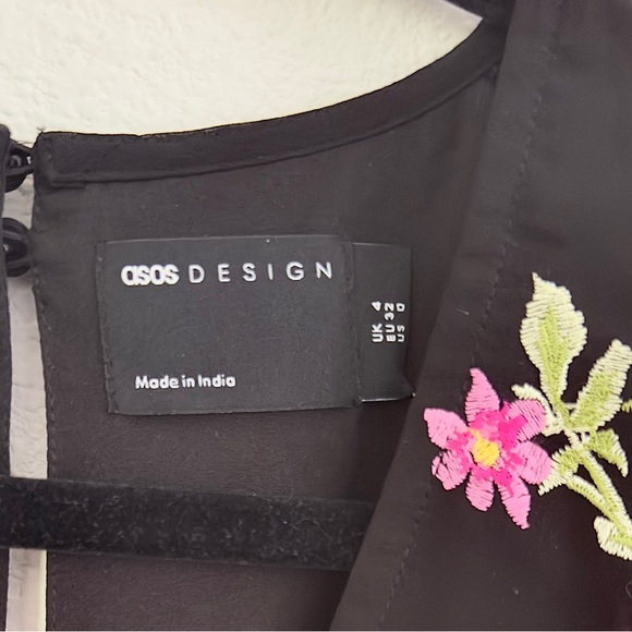 NWT ASOS Design Mini Belted Puff Sleeve Embroidery Dress Chiffon Black Floral - Picture 11 of 11